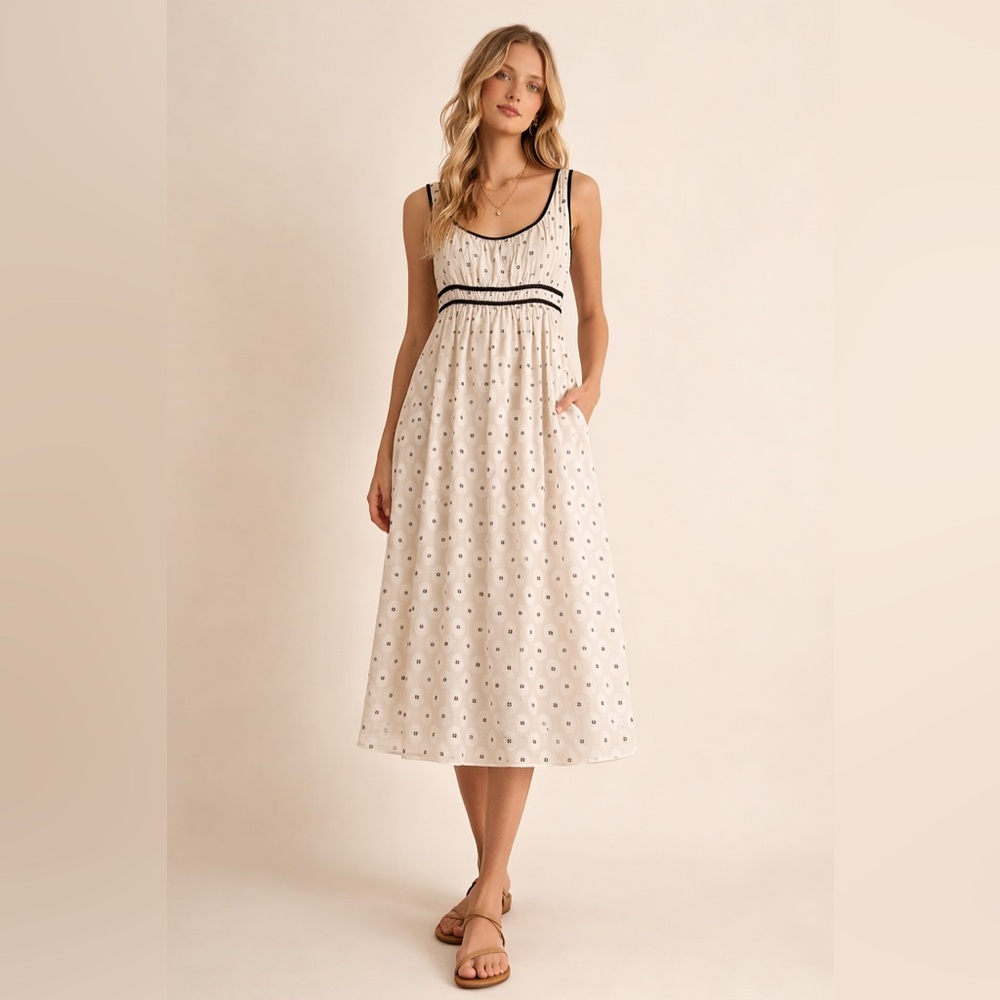 Adrianna Papell Black and Ivory Swiss Dot A Line Dress Braided Size 6 - Picture 1 of 13